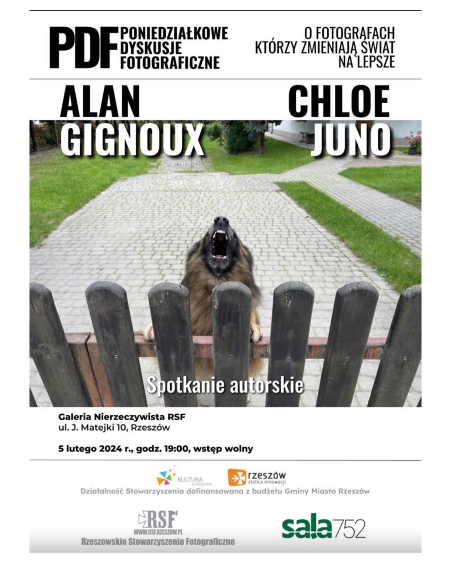 Poster advertising a talk at a Polish gallery by Alan Gignoux featuring a dog howling behind a wooden gate