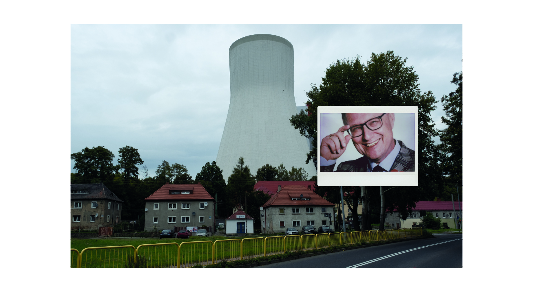 Instax photograph of a man with glasses superimposed on a landscape photograph of a mine looming over a residential area