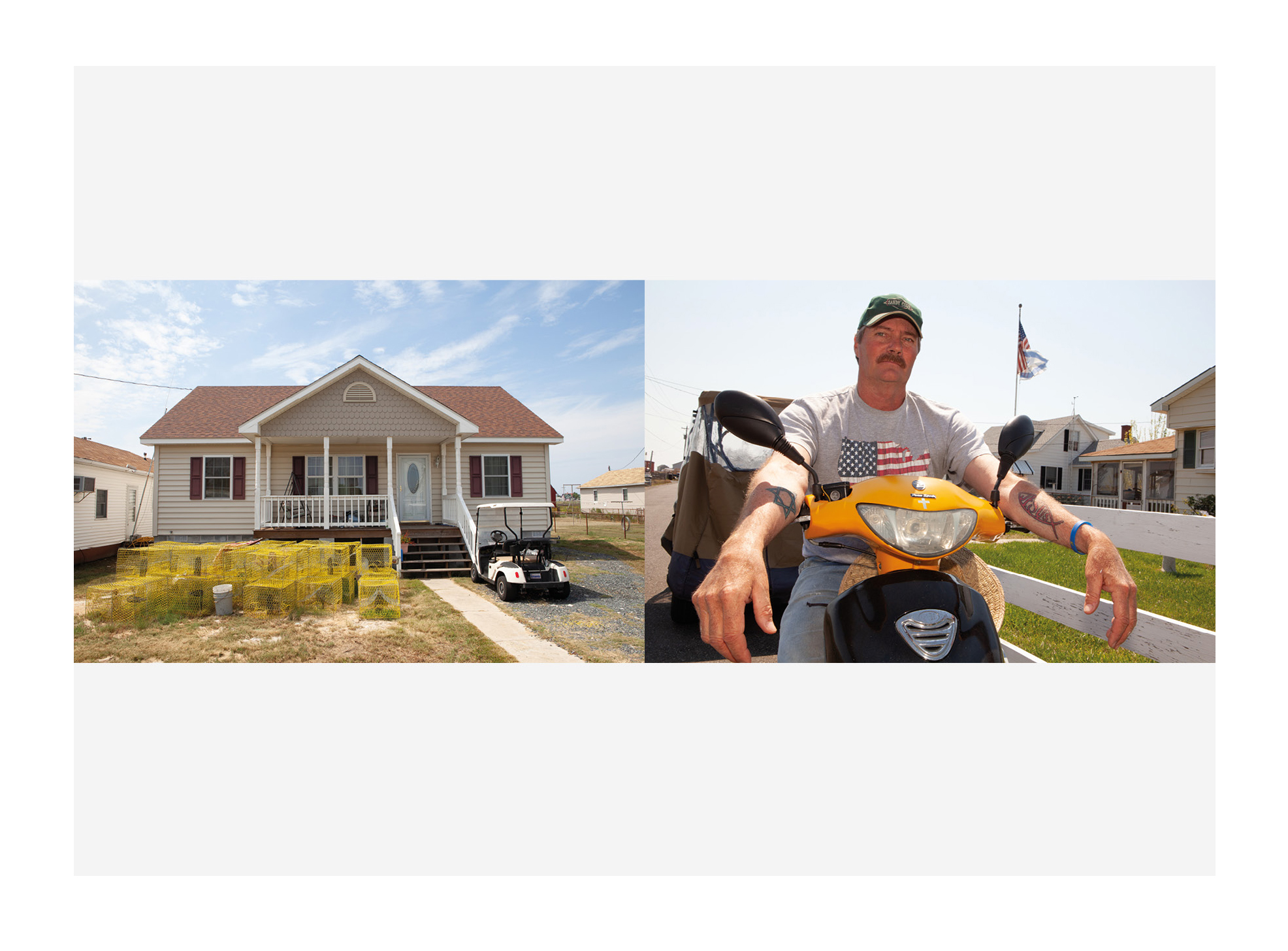 Two photographs from Tangier Island photography zine showing the island's mayor, James Eskridge, on a moped and one of the watermen's houses