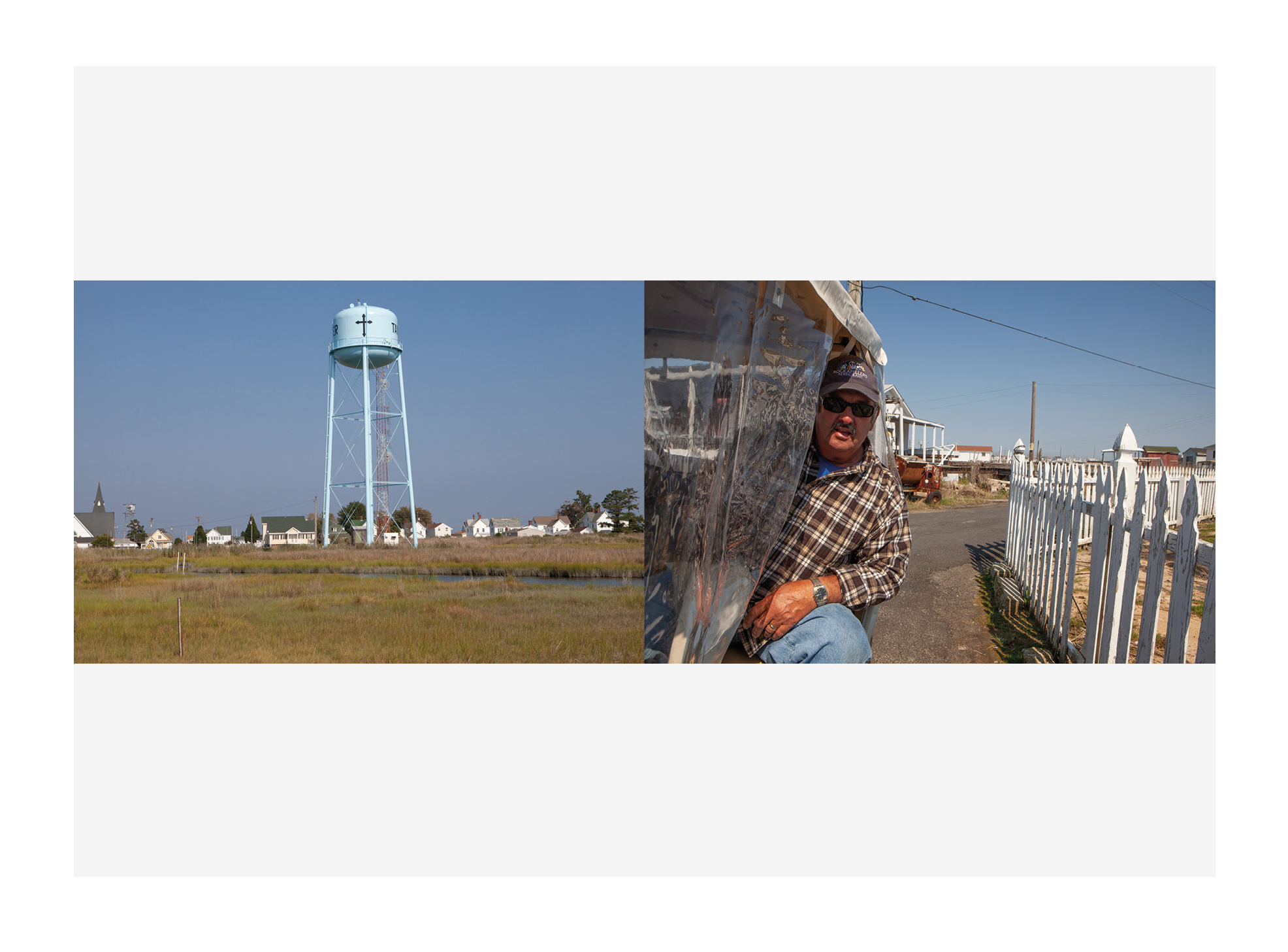Two photographs from Tangier Island photography zine showing the island's water tower and a resident in a golf cart, the islander's preferred form of transport